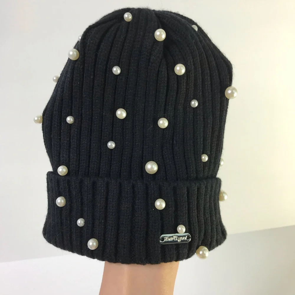 BARI LYNN Black Knit Beanie NEW Knit Hat With Faux Pearls